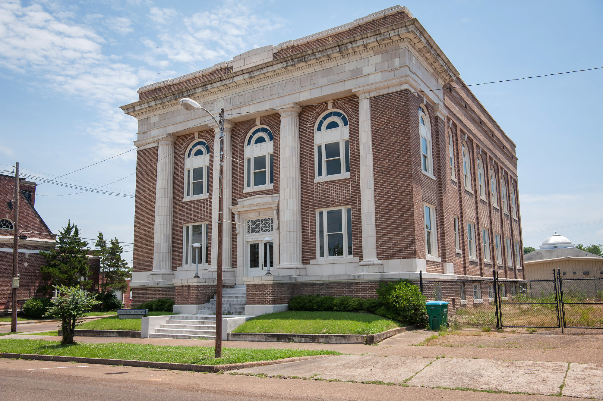 Large brick building for the Masonic Temple in downtown Grenada, MS.